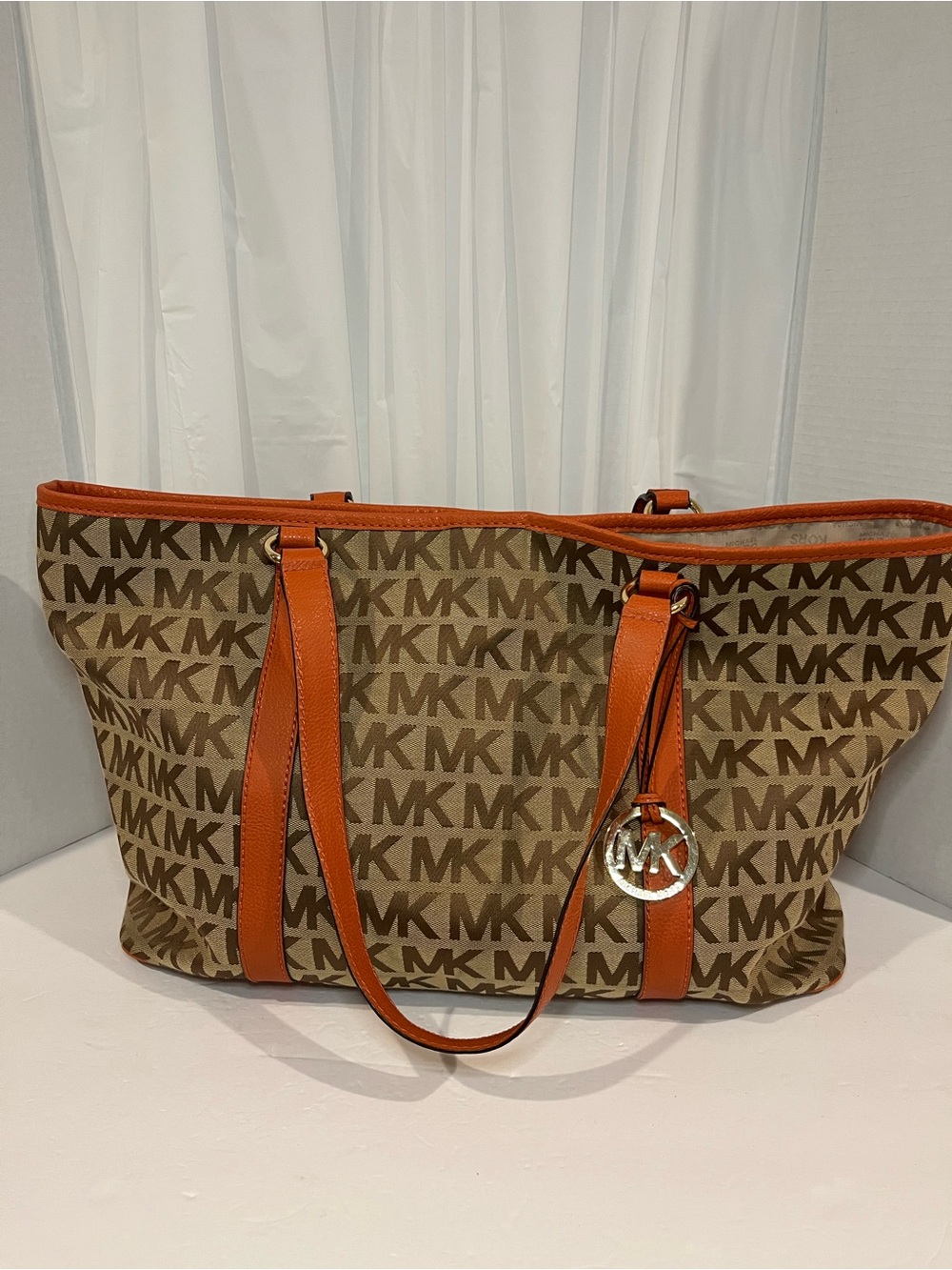 Michael Kors Tan & Orange MK Logo Canvas Tote